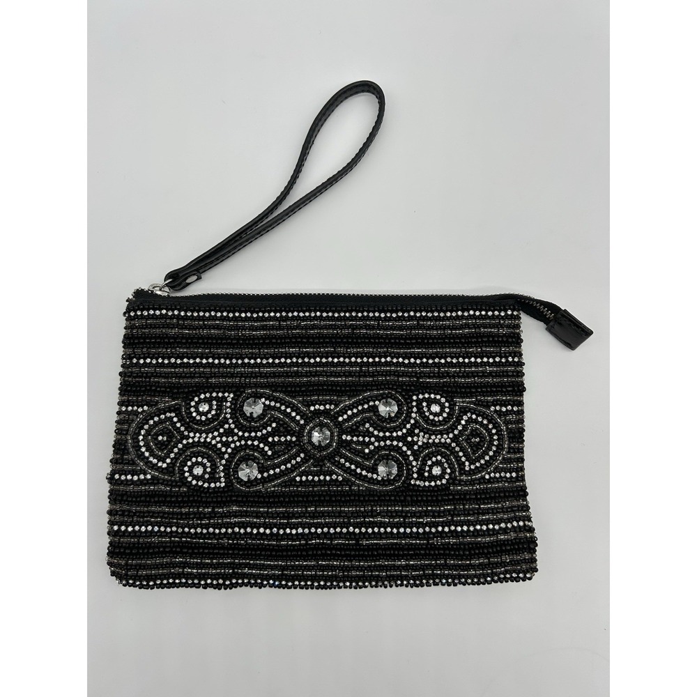 White House Black Market Black Beaded Evening Womens Wristlet Makeup Bag - Picture 1 of 9